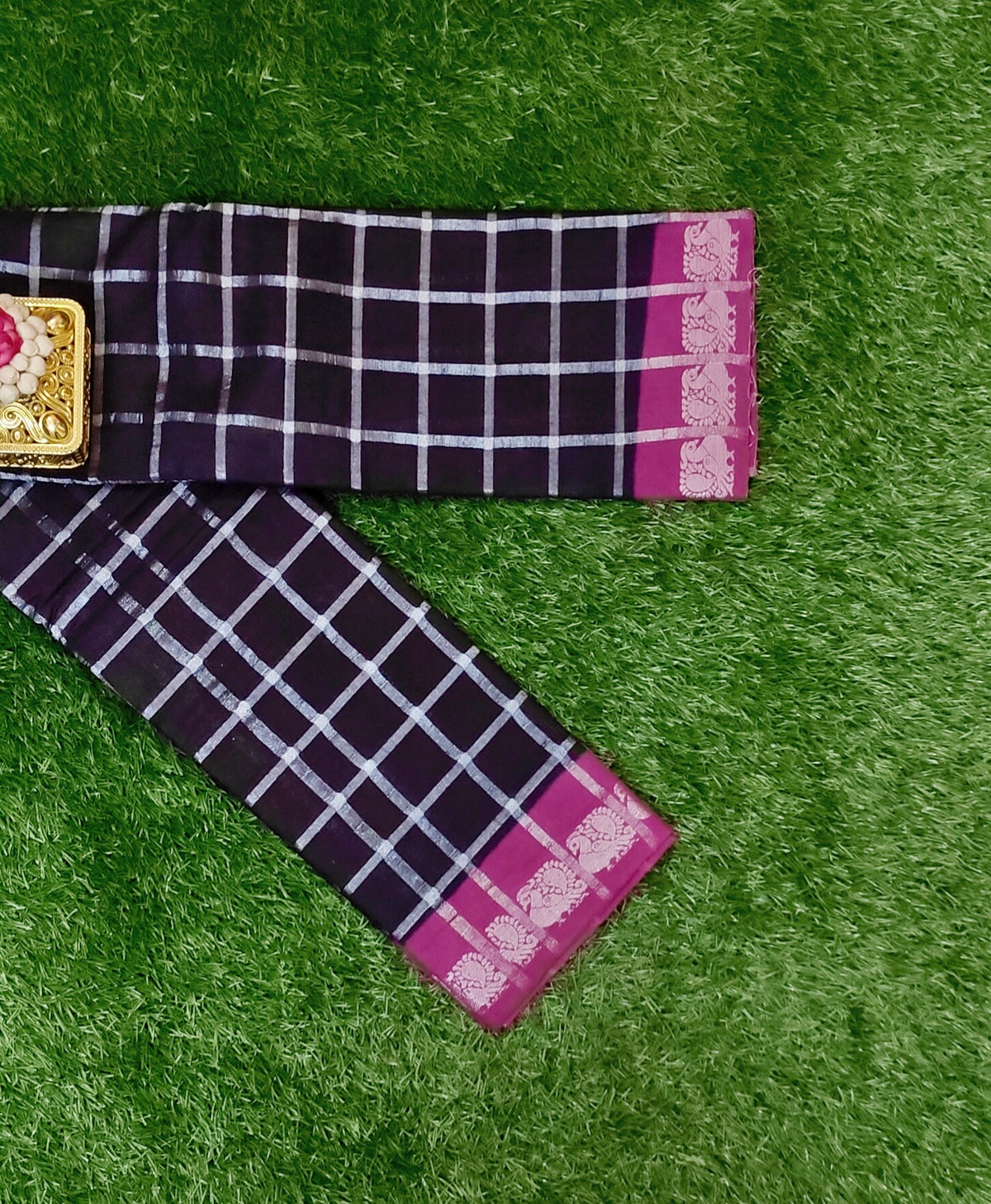 Dark Blue Pavithra Kattam Cotton Saree with Silver Checks & Magenta Border