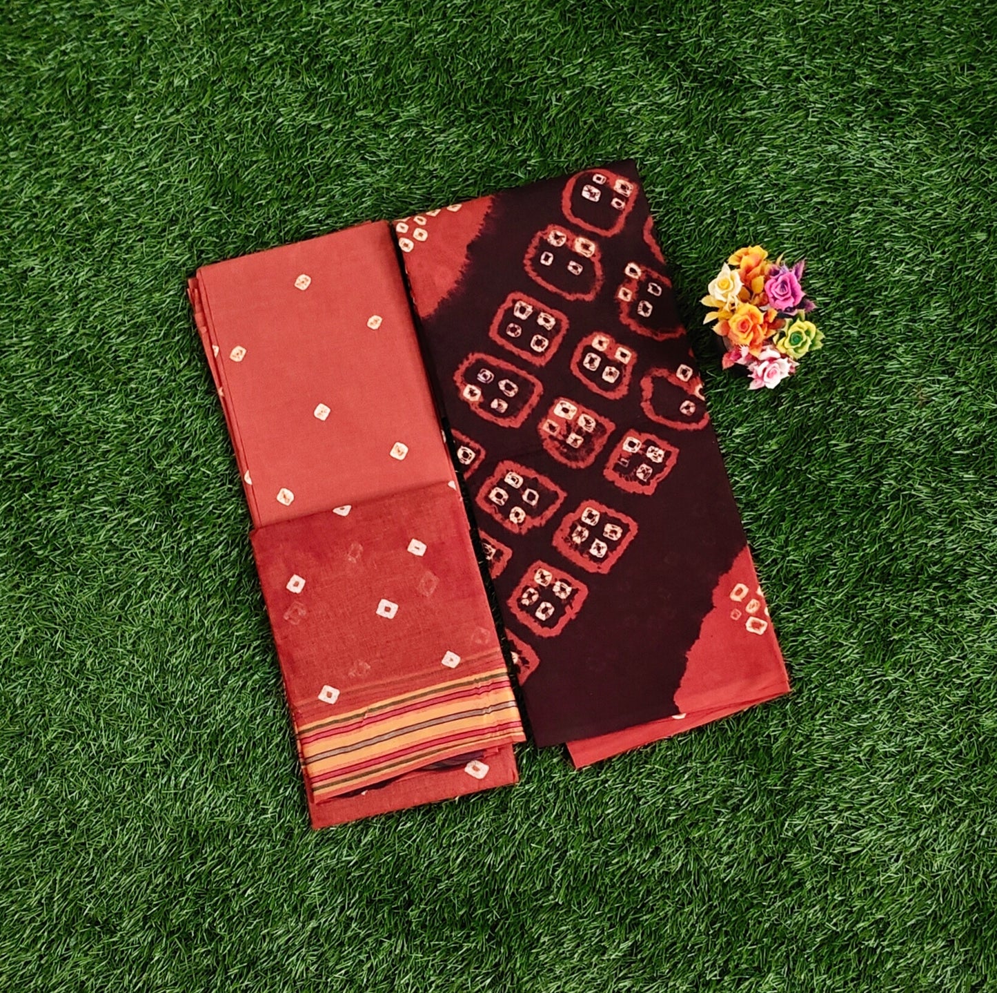 Elegant Rust Orange & Maroon Sungudi Cotton Chudidar Material Set with Bandhani Tie-Dye Prints