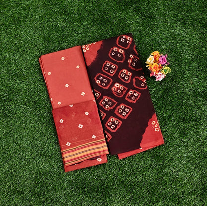 Elegant Rust Orange & Maroon Sungudi Cotton Chudidar Material Set with Bandhani Tie-Dye Prints