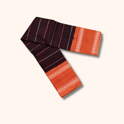 Dark Maroon Cotton Saree with Peach Border