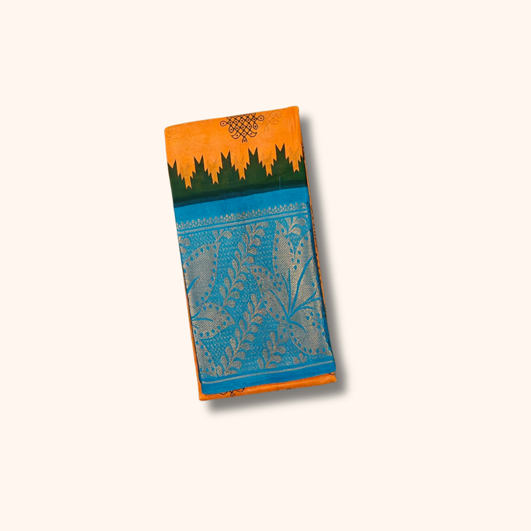 Mustard Yellow Kolam Cotton Saree with Sky Blue Floral Zari Border