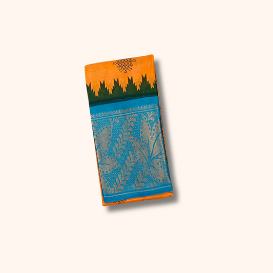 Mustard Yellow Kolam Cotton Saree with Sky Blue Floral Zari Border