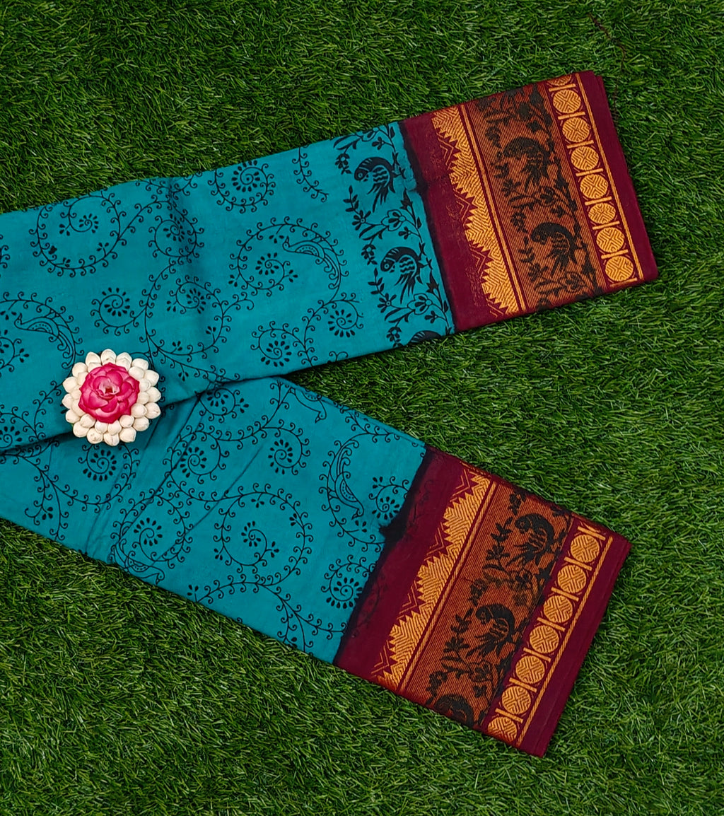 Blue Sungudi Cotton Saree with Maroon Kalamkari Border