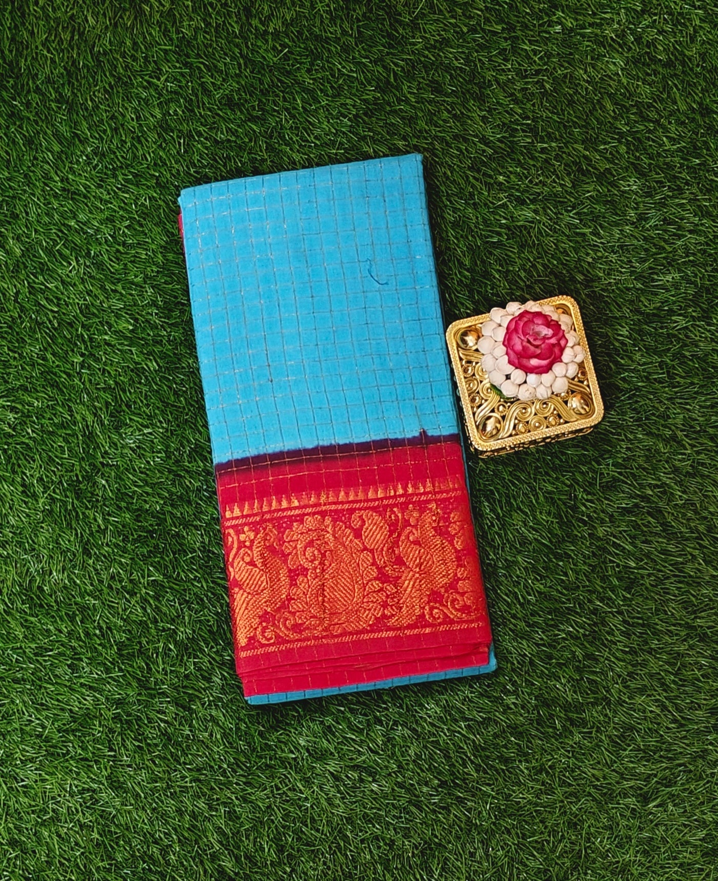 Sky Blue Checked Sungudi Cotton Saree with Peacock Zari Border