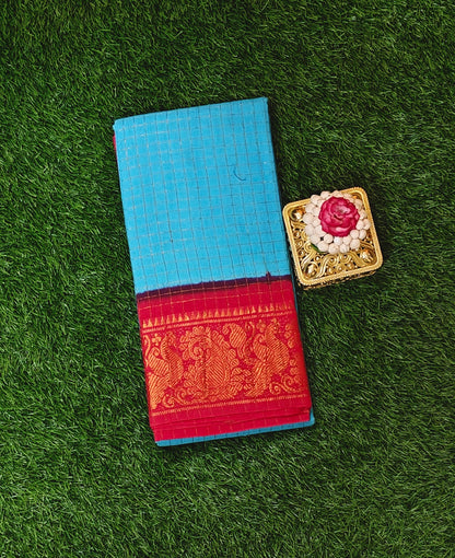 Sky Blue Checked Sungudi Cotton Saree with Peacock Zari Border