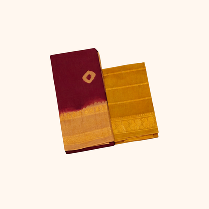 Maroon & Mustard Cotton Saree with Zari Border