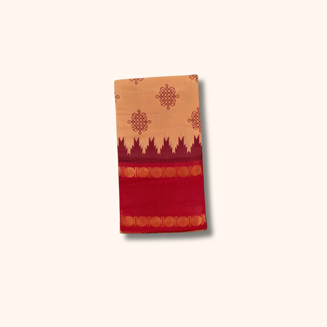 Peach Sungudi Cotton Saree with Red Traditional Border – Running Blouse