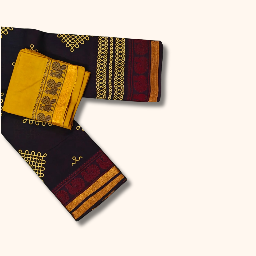 Dark Plum Sungudi Kolam Cotton Saree with Mustard Yellow Blouse Piece