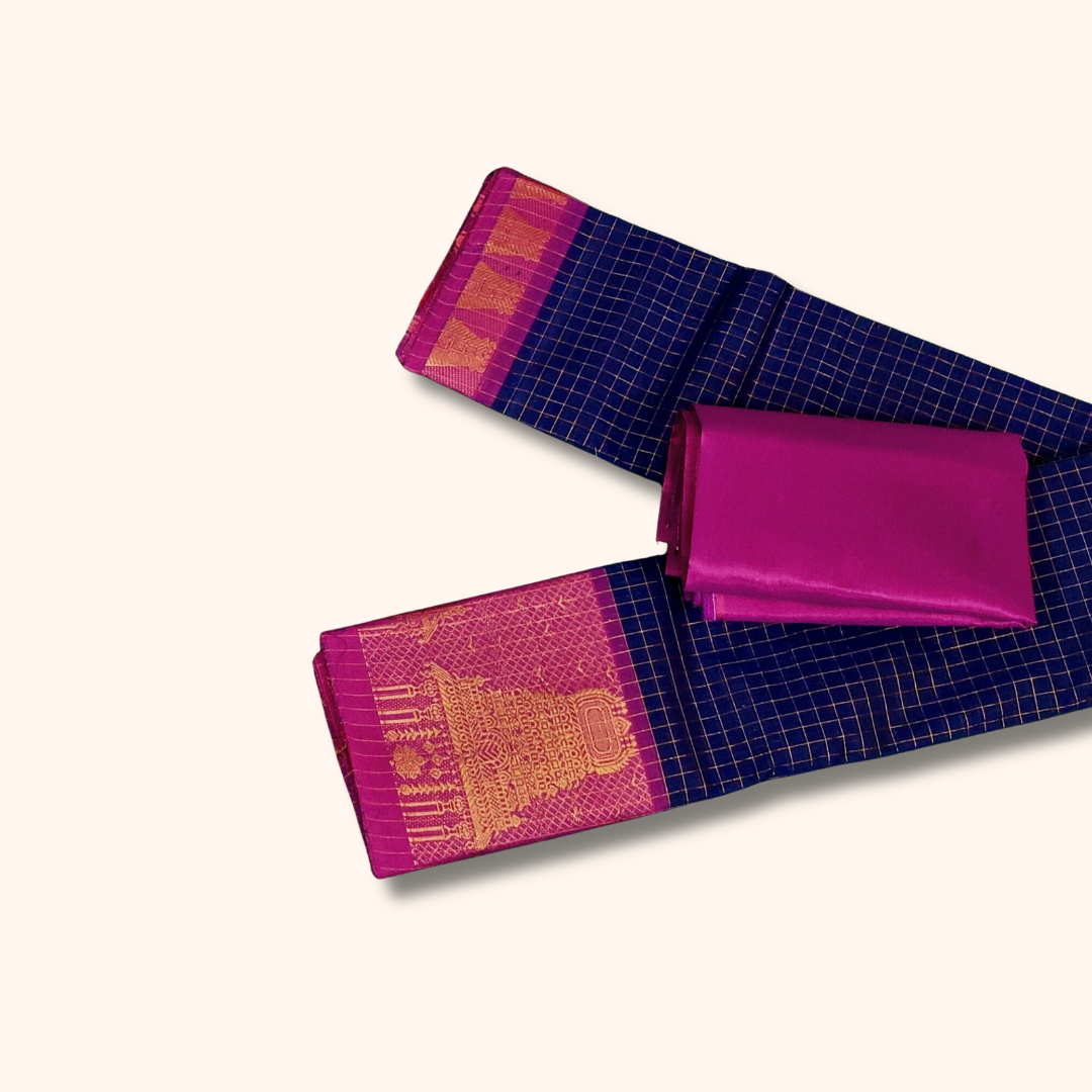 Navy Blue Chettinad Cotton Saree with Pink Temple Border & Gold Zari – Separate Blouse Piece