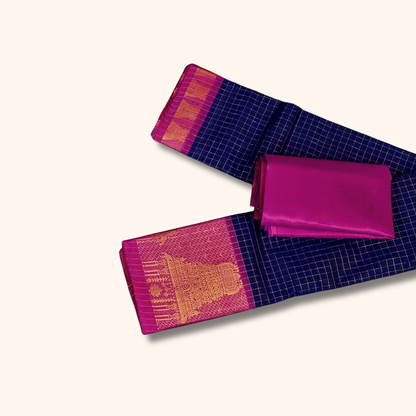 Navy Blue Chettinad Cotton Saree with Pink Temple Border & Gold Zari – Separate Blouse Piece