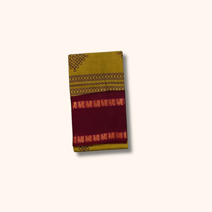 Olive Green & Maroon Kolam Cotton Saree with Running Blouse