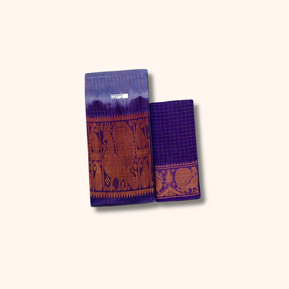 Sky Blue & Purple Checked Cotton Saree with Traditional Zari Border – Separate Blouse Piece