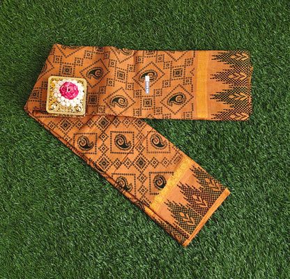 Rust Orange Sungudi Cotton Saree with Geometric Print & Contrast Zari Border