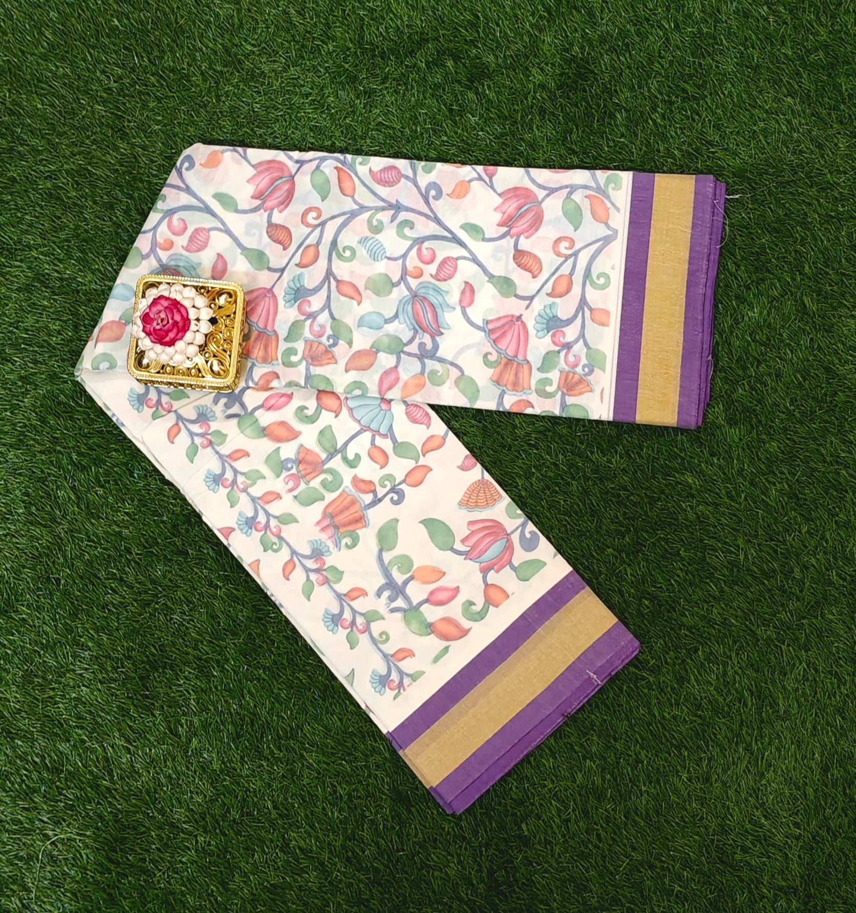 Beautiful Cotton Printed Saree with Floral Design – Off White with Purple Border