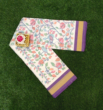 Beautiful Cotton Printed Saree with Floral Design – Off White with Purple Border