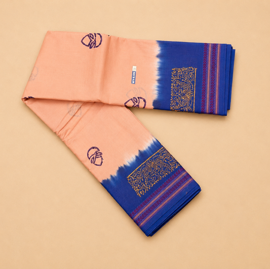 Peach Sungudi Cotton Saree with Royal Blue Zari Border