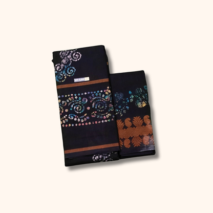 Navy Blue Sungudi Cotton Saree with Multicolor Batik Floral Design & Contrast Border