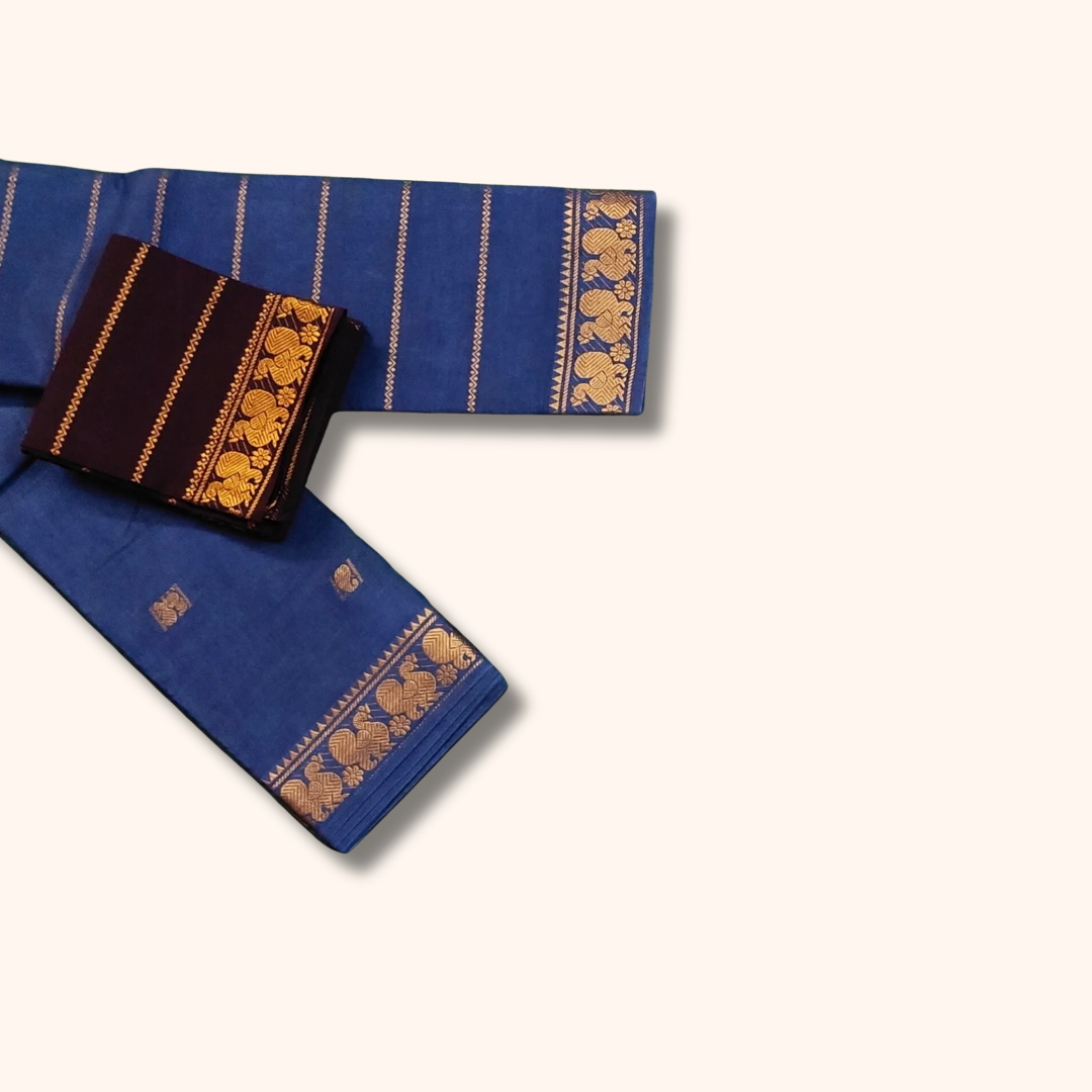 Royal Blue Sungudi Cotton Saree with Gold Zari Peacock Border & Coffee Brown Separate Blouse