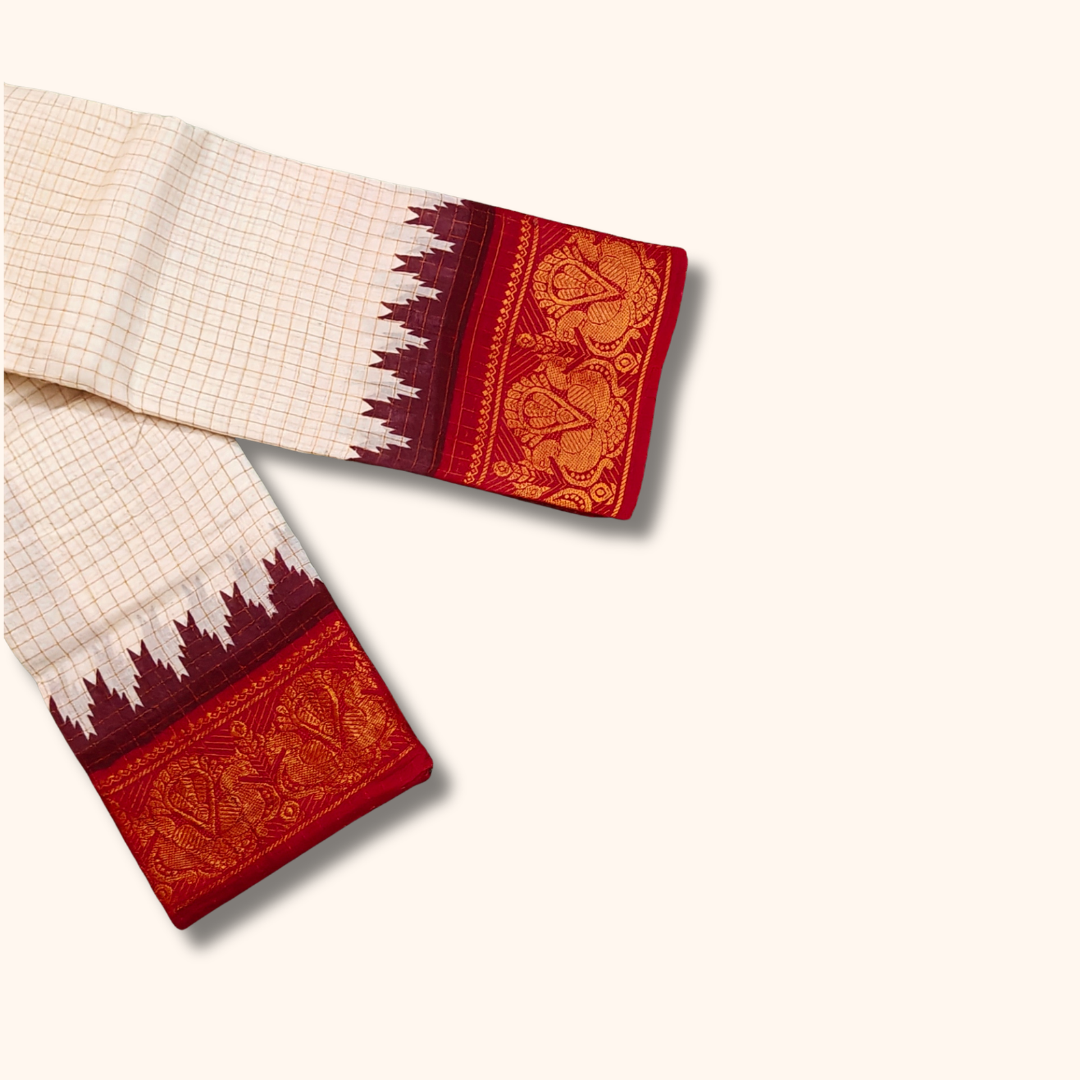White & Maroon Sungudi Cotton Saree with Peacock Zari Border