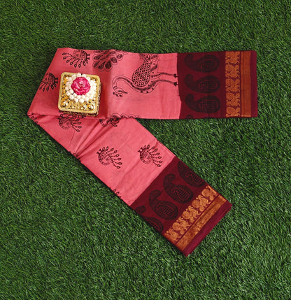 Coral Pink Sungudi Cotton Saree with Maroon Border & Traditional Peacock Prints