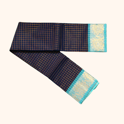 Dark ink Blue Chettinad Cotton Saree with Aqua Blue Floral Border