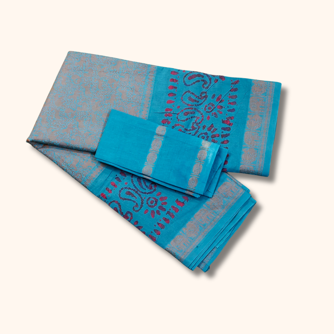 Sky Blue Batik Design Sungudi Cotton Saree with Traditional Zari Border & Separate Blouse Piece
