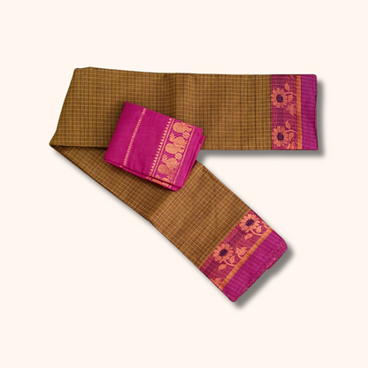 Brown Checked Chettinad Cotton Saree with Magenta Floral Border