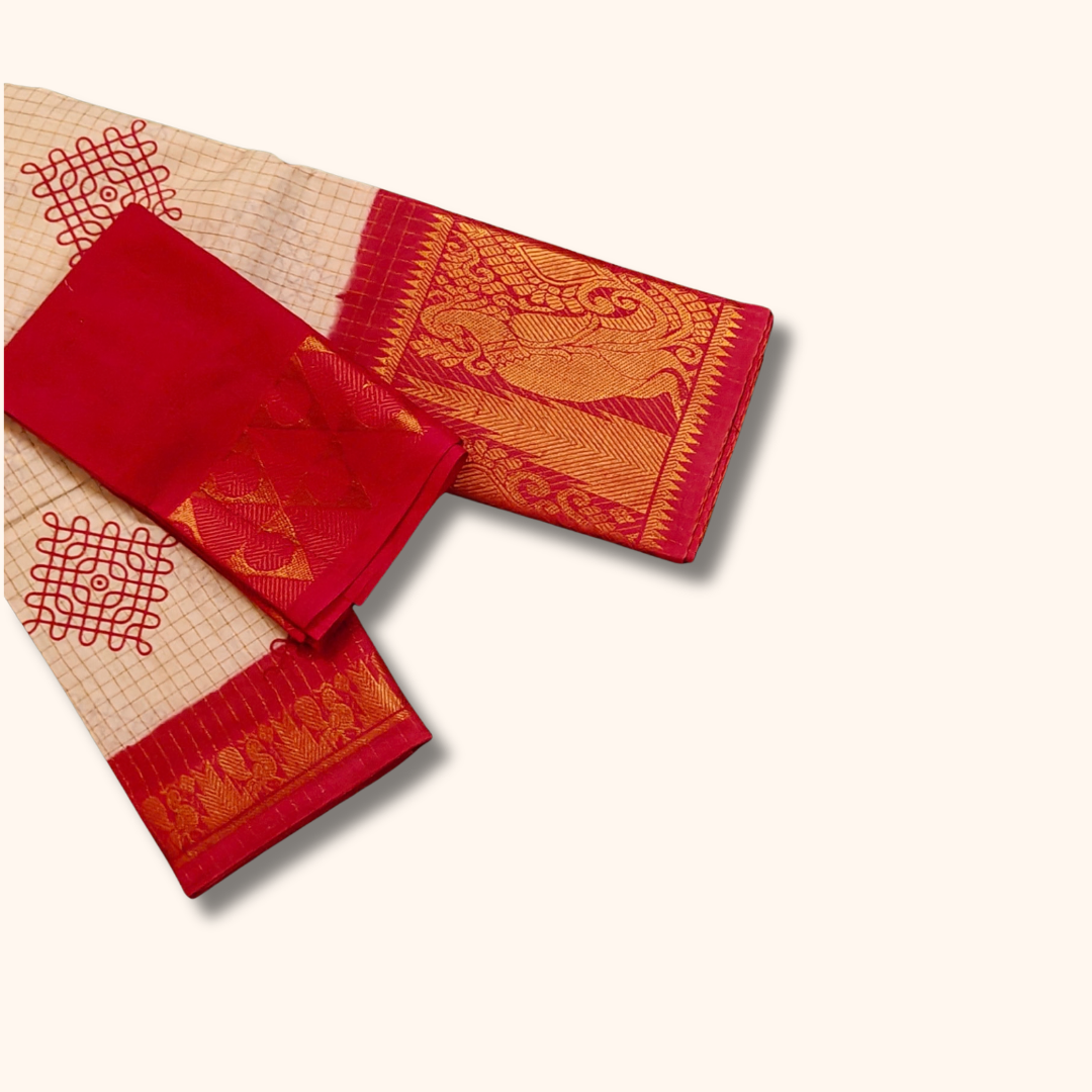Off-White Checked Kolam Design Sungudi Saree with Pink Border – Separate Blouse