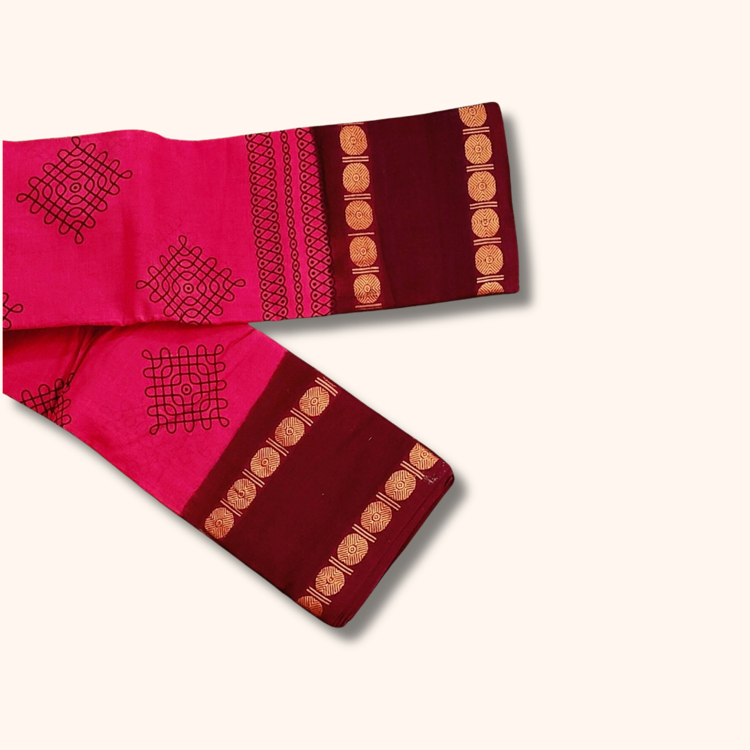 Rani Pink Kolam Cotton Saree with Maroon Zari Border – Running Blouse