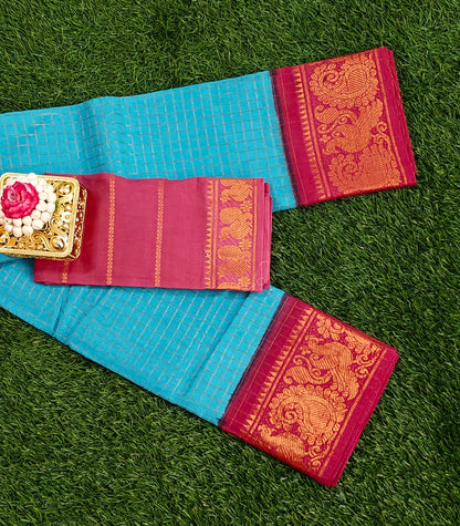 Sky Blue Sungudi Cotton Saree with Maroon Zari Border