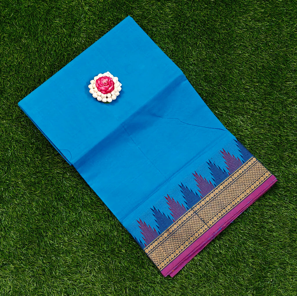 Bright Blue Chettinad Cotton Saree with Contrast Temple Border