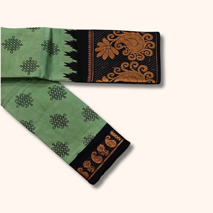 Sea Green Kolam Sungudi Cotton Saree with Black Zari Border
