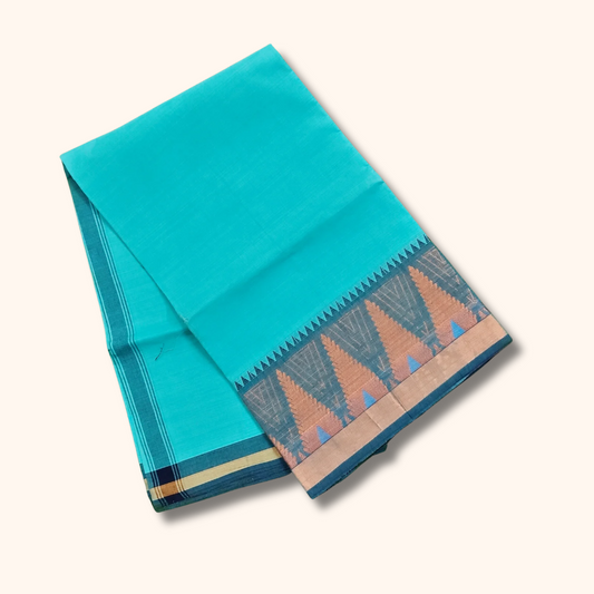 Aqua Blue Chettinad Cotton Saree with Tower Border