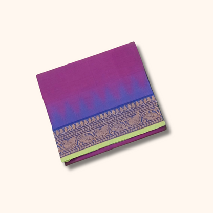 Magenta-Purple Cotton Saree with Contrast Blue Border