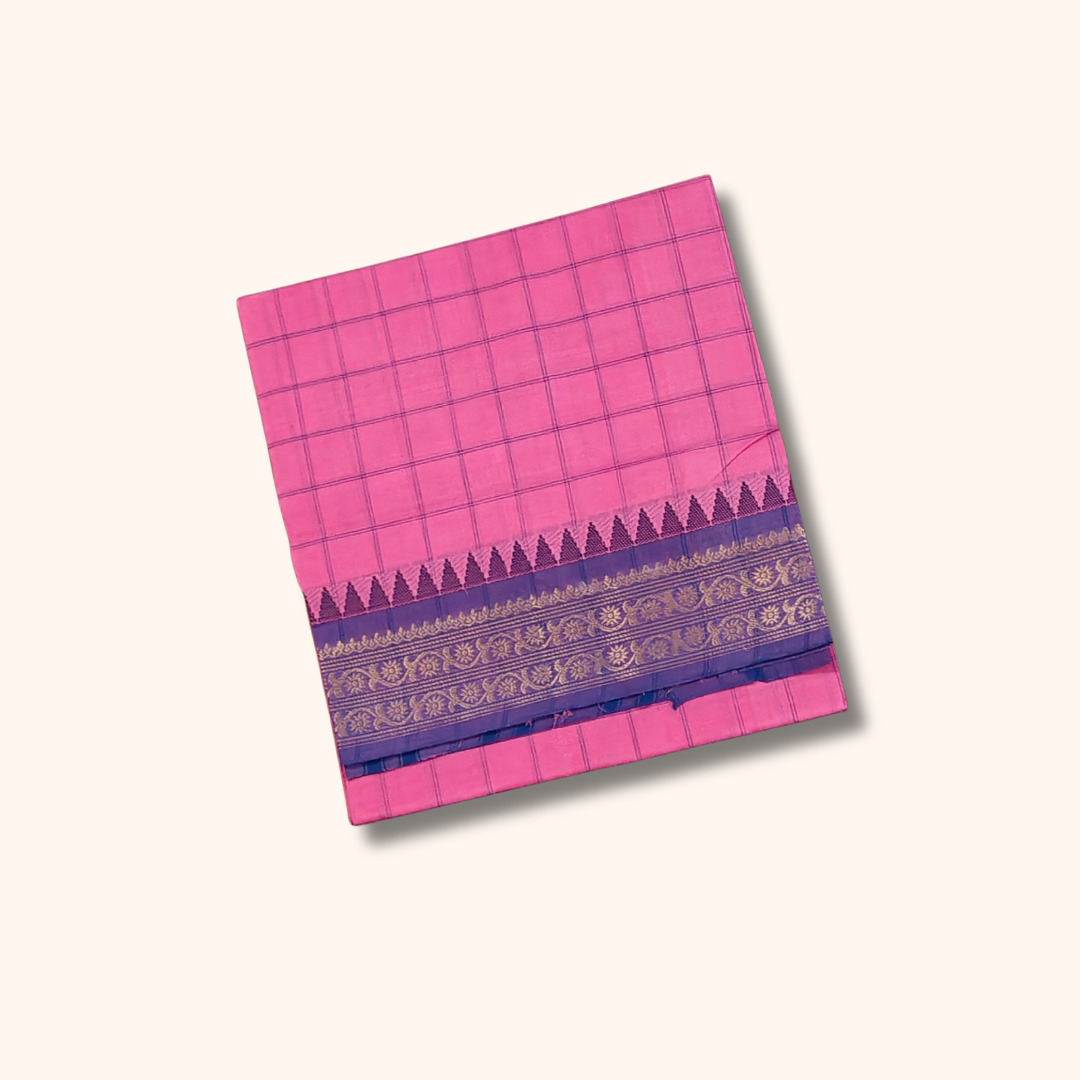 Pink Checked Chettinad Cotton Saree with Purple Zari Border