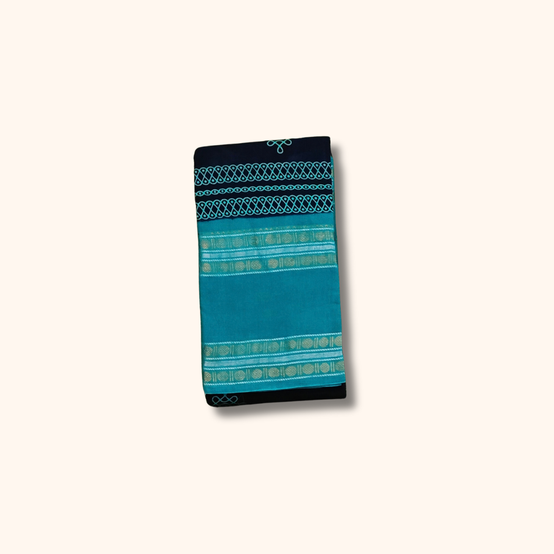 Navy Blue and Teal Blue Kolam Design Cotton Saree with Running Blouse