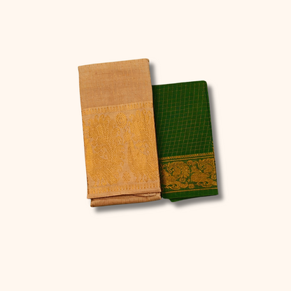 Beige Sungudi Cotton Saree with Gold Zari Peacock Border & Bottle Green Blouse