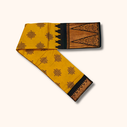 Mustard Yellow Kolam Sungudi Cotton Saree with Black Floral Temple Border