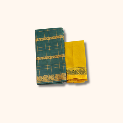 Bottle Green Checked Cotton Saree with Gold Zari & Mustard Yellow Blouse