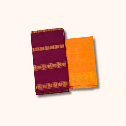 Maroon Cotton Saree with Gold Zari Border & Orange Separate Blouse