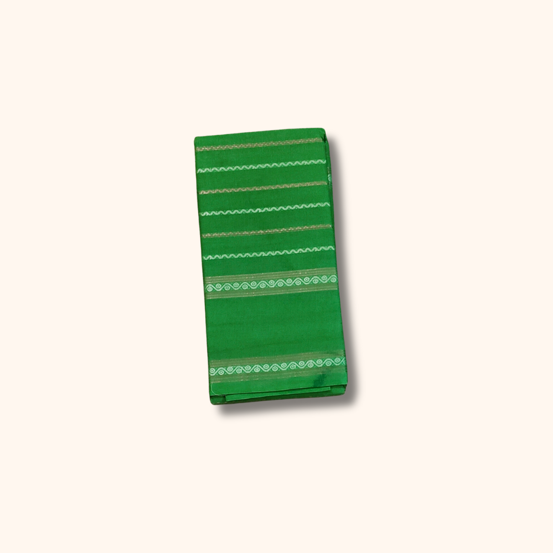 Green Cotton Saree with White Stripe Design – Running Blouse