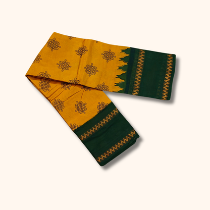 Mustard Yellow Sungudi Cotton Saree with Dark Green Zigzag Border – Running Blouse