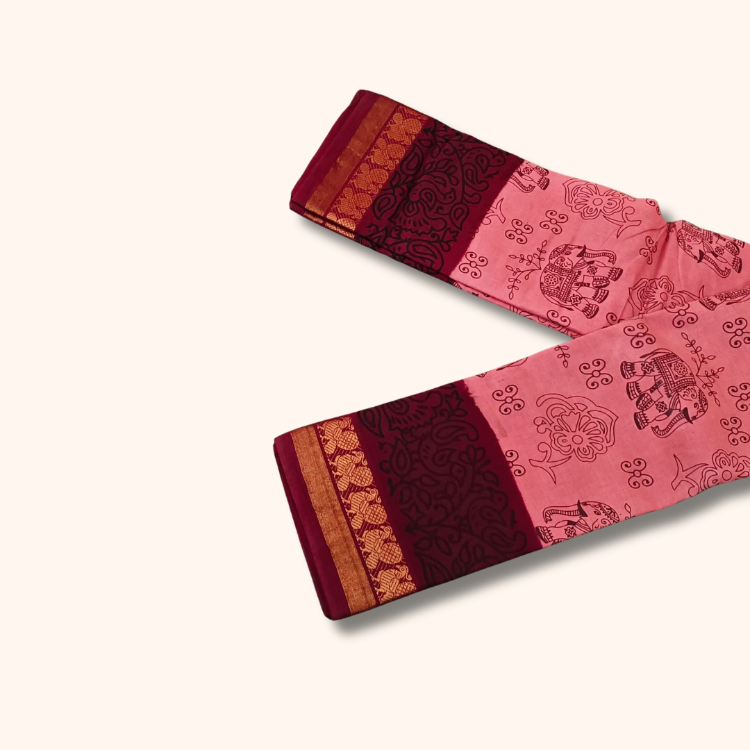 Classic Pink Printed Sungudi Cotton Saree with Floral Border
