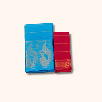 Sky Blue Pure Sungudi Cotton Saree with Silver Zari Paisley Pallu & Pink Blouse Piece