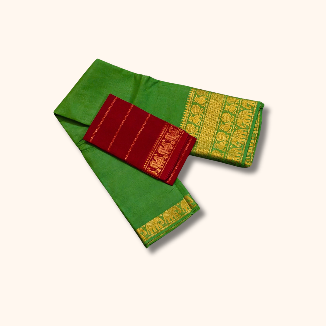 Green Cotton Saree with Gold Zari Traditional Border & Maroon Separate Blouse Piece