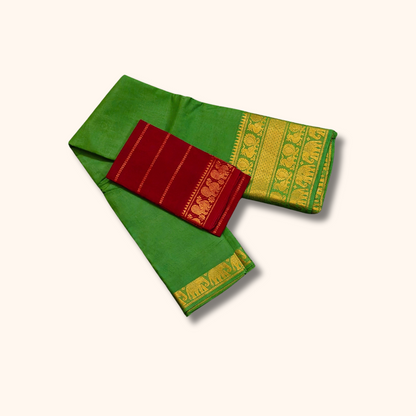 Green Cotton Saree with Gold Zari Traditional Border & Maroon Separate Blouse Piece