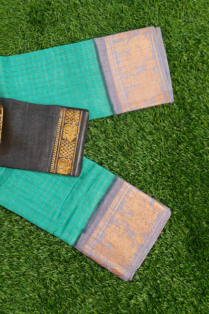 Teal Green Sungudi Cotton Saree with Grey Zari Border