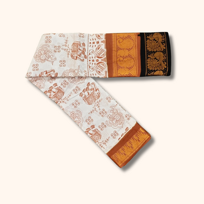 White Double Border Cotton Saree with Traditional Peacock Border