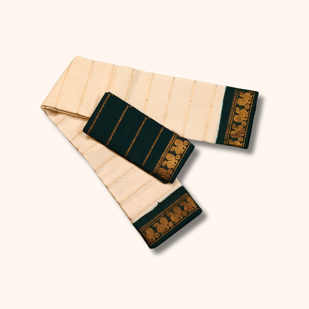 Cream Pure Sungudi Cotton Saree with Dark Green Gold Zari Border