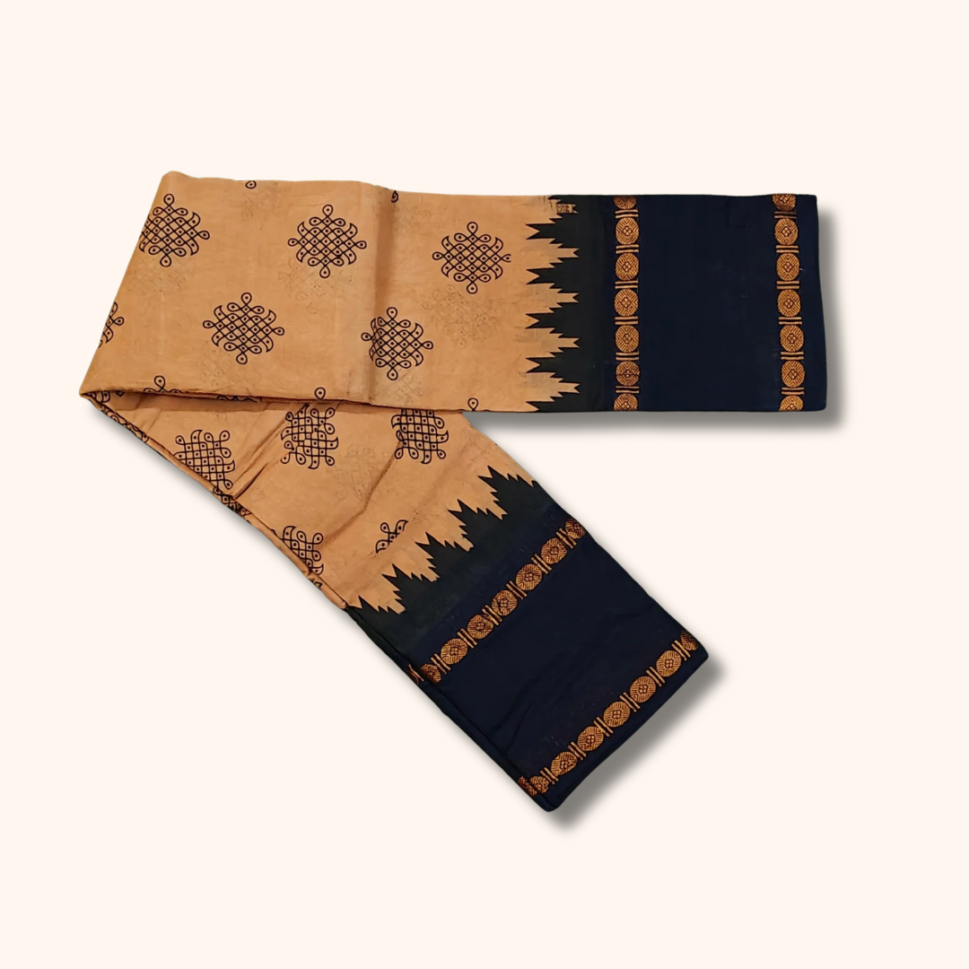 Beige Kolam Sungudi Cotton Saree with Navy Blue Traditional Border